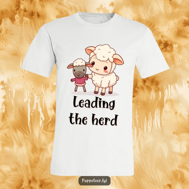 Funny t-shirt with a kawaii sheep gently guiding a sheep puppet, depicting nurturing leadership and care.