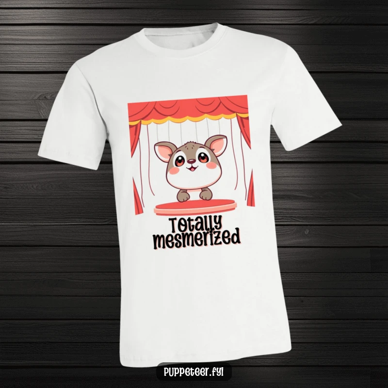 Funny T-Shirt: A happy animal looks up with huge, excited eyes at a vibrant puppet show, capturing pure delight.