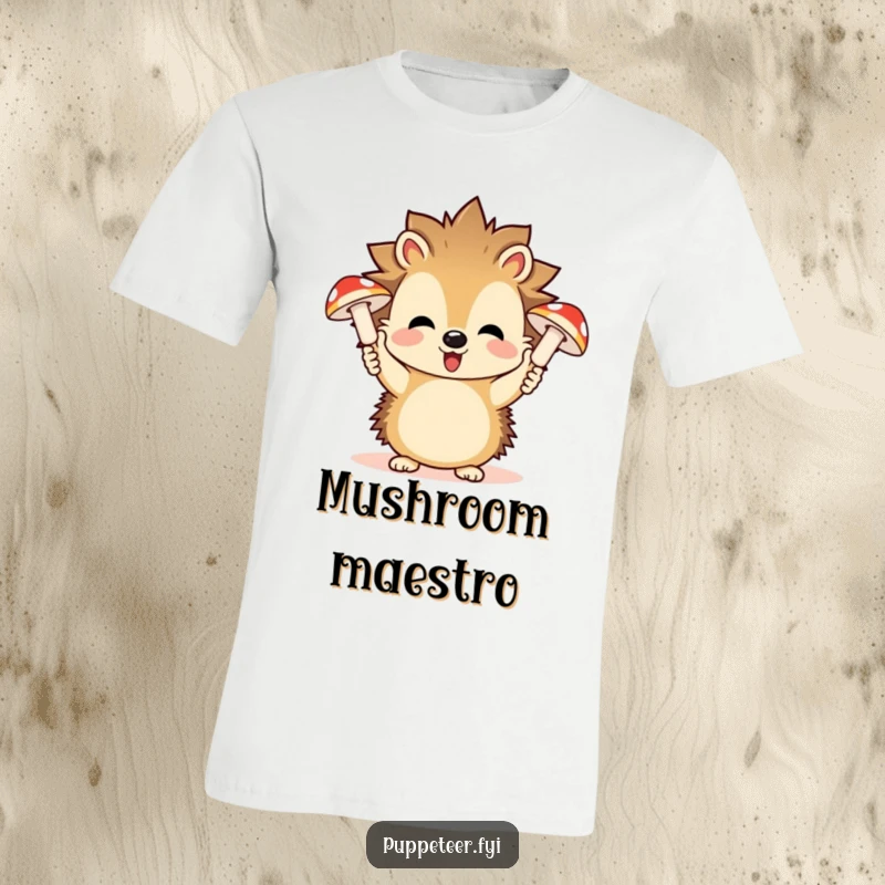 Funny t-shirt with a playful hedgehog character expertly controlling two giggling mushroom puppets with each outstretched hand.