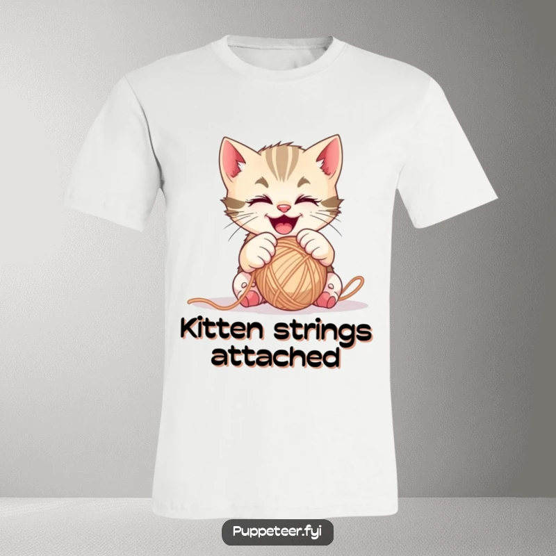 Funny mischievous kitten t-shirt showing gleeful paws controlling a ball of yarn, perfect for cat lovers.