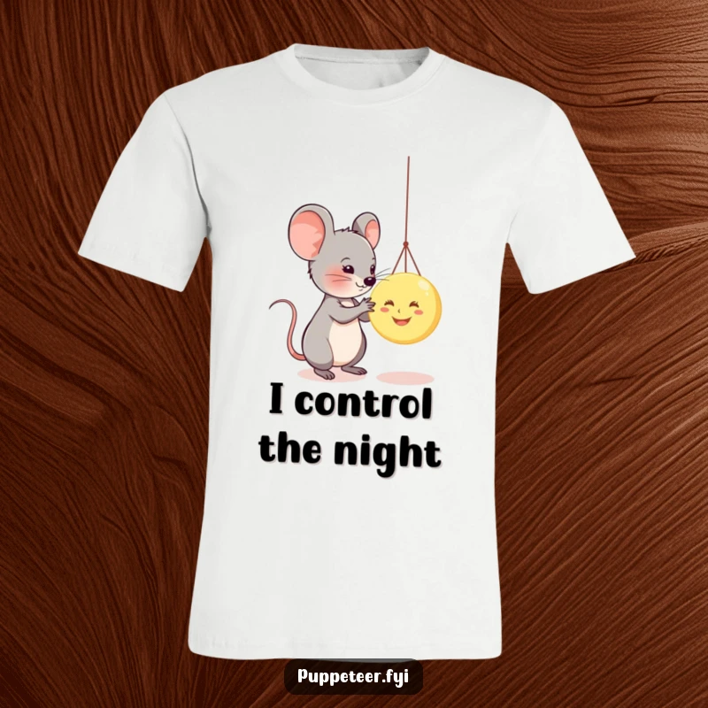 Funny mouse character meticulously operating a tiny, smiling moon puppet's strings, showcasing imaginative play in a humorous way.