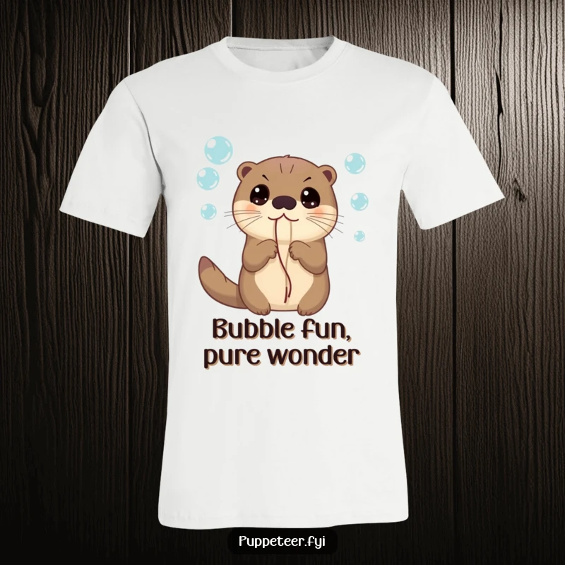 Funny t-shirt depicting an otter with wide, curious eyes, holding strings attached to shimmering, floating bubbles, representing exploration.