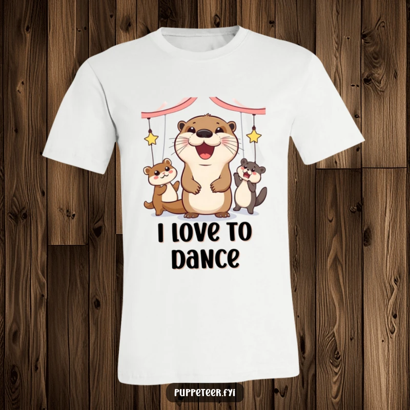 Funny t-shirt featuring a grinning otter joyfully directing animal puppets in a lively dance.