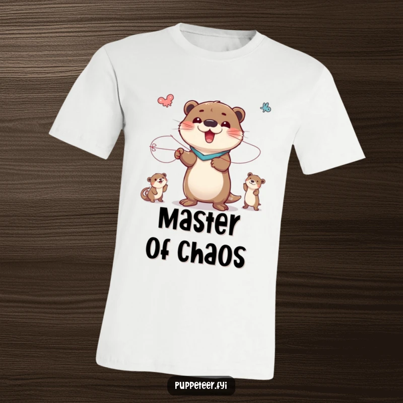 Funny t-shirt with a delighted otter controlling animal puppets dramatically with strings, embodying a hilarious puppet master.
