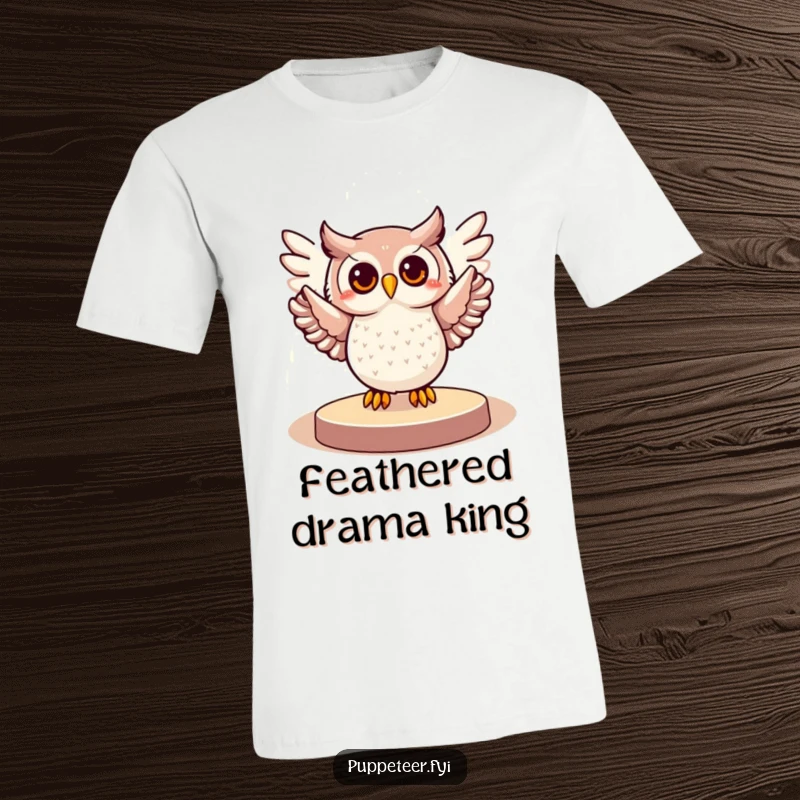 Funny t-shirt with a cheerful owl dramatically posing in a spotlight, wings spread wide, capturing a moment of joyous performance.