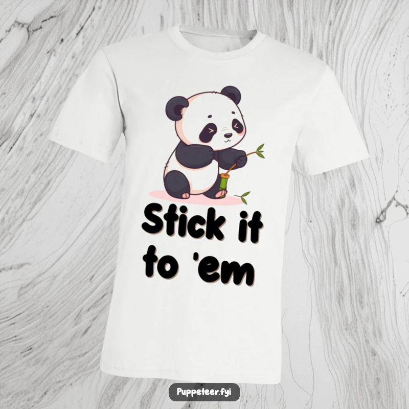 Funny panda t-shirt featuring a playful panda using sticks to animate a small bamboo puppet, showcasing a humorous and engaging scene.