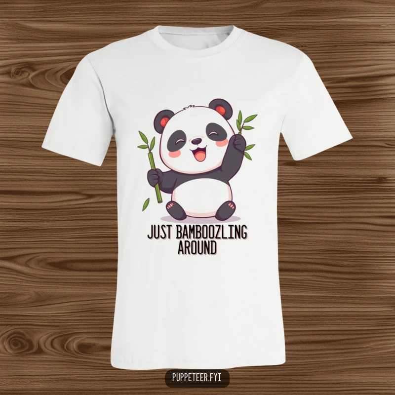 Funny Panda T-Shirt illustrating a playful panda manipulating a bamboo stalk puppet, showcasing fun and lightheartedness.