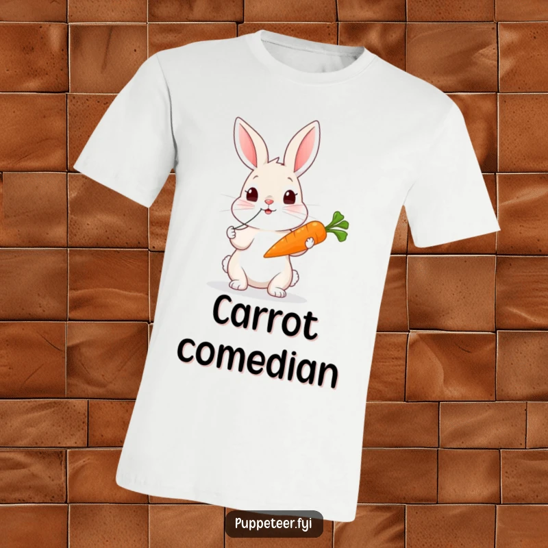 Funny rabbit t-shirt featuring a curious rabbit pulling strings to make a carrot puppet wiggle hilariously.