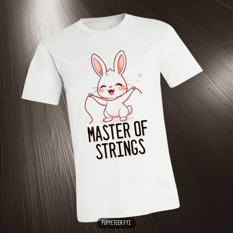 Funny Rabbit Puppet Master T-Shirt with a cute, delighted character skillfully controlling strings, ideal for a humorous gift.