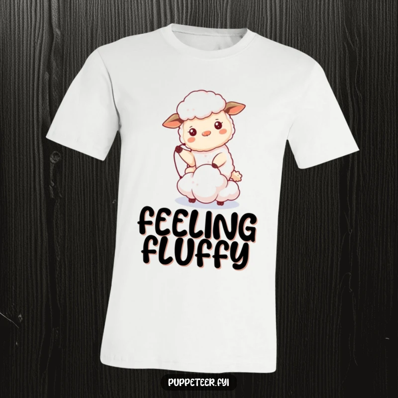 Funny sheep t-shirt featuring a beaming sheep controlling a tiny cloud puppet that drifts, showcasing a humorous and whimsical scene.