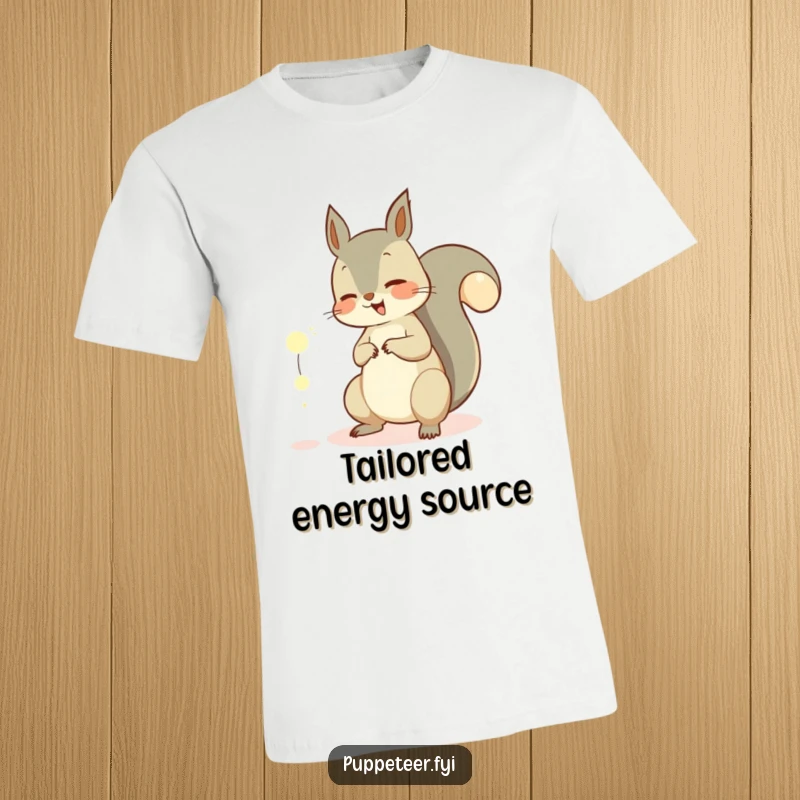 Funny t-shirt: a giggling squirrel uses its fluffy tail like a wand to manipulate tiny, luminous orbs, radiating playful magic.