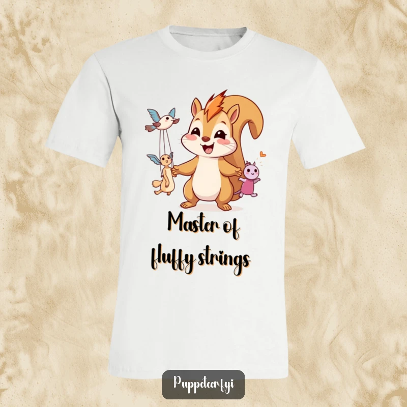 Funny t-shirt showcases a giggling squirrel controller with a wide smile, manipulating two airborne puppets with visible strings.