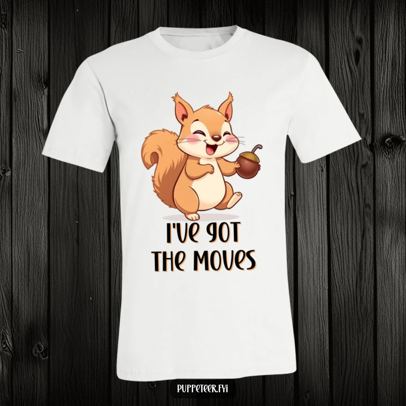 Funny squirrel t-shirt featuring a giggling squirrel making a nut puppet hop, representing playful performance and joyful amusement.