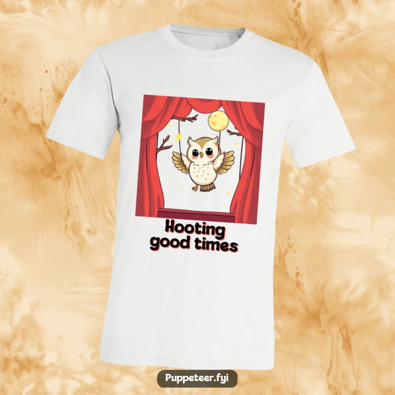 Funny t-shirt featuring a happy owl puppet master skillfully making a luminous moon puppet gracefully fly across a starry sky.