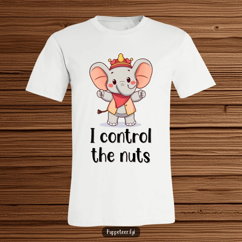 Funny t-shirt featuring a joyful elephant puppet master, commanding a peanut puppet to march proudly, showcasing a delightful and amusing scene.