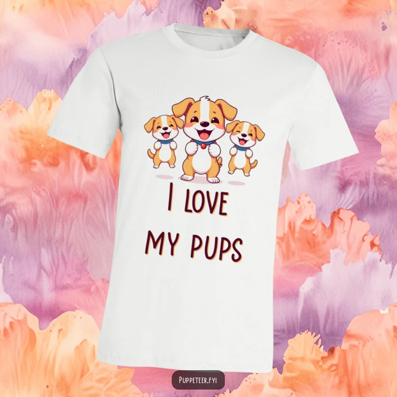Funny t-shirt featuring an energetic, bouncy dog happily controlling two lively dog puppets.