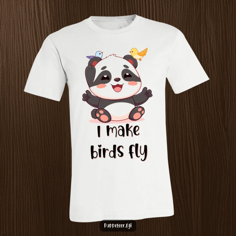 Funny panda T-shirt showing a joyful panda happily launching a tiny bird puppet into the air with a smile.