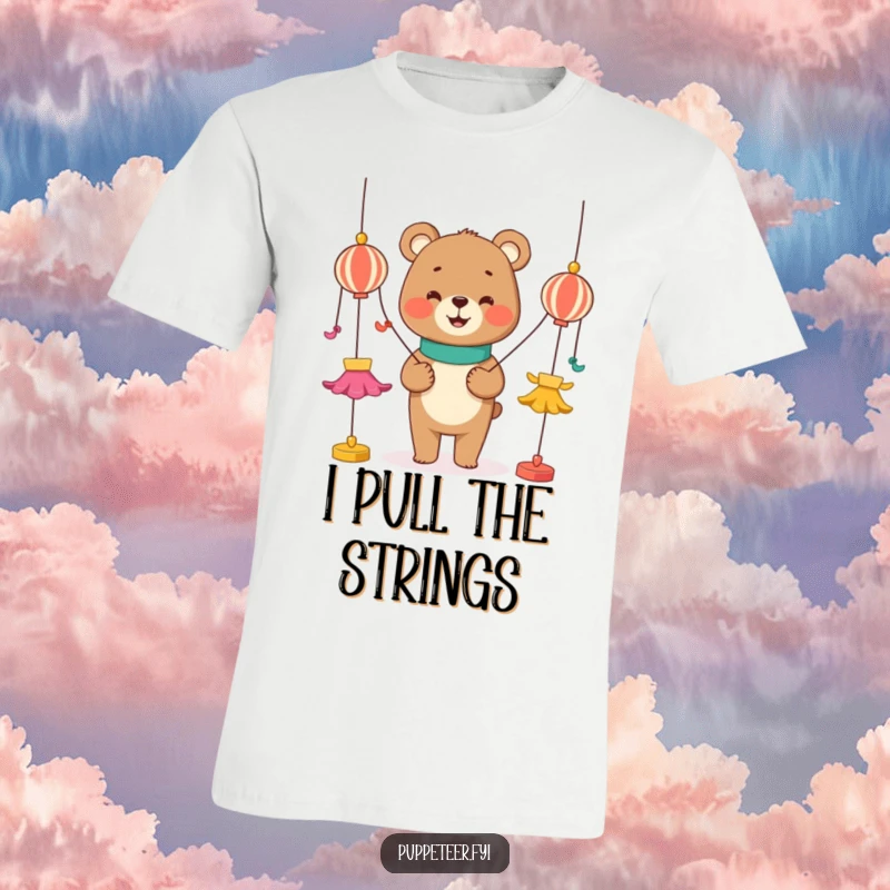 Funny t-shirt showing a smiling bear controlling dancing puppets with colorful strings, a whimsical and humorous artwork.