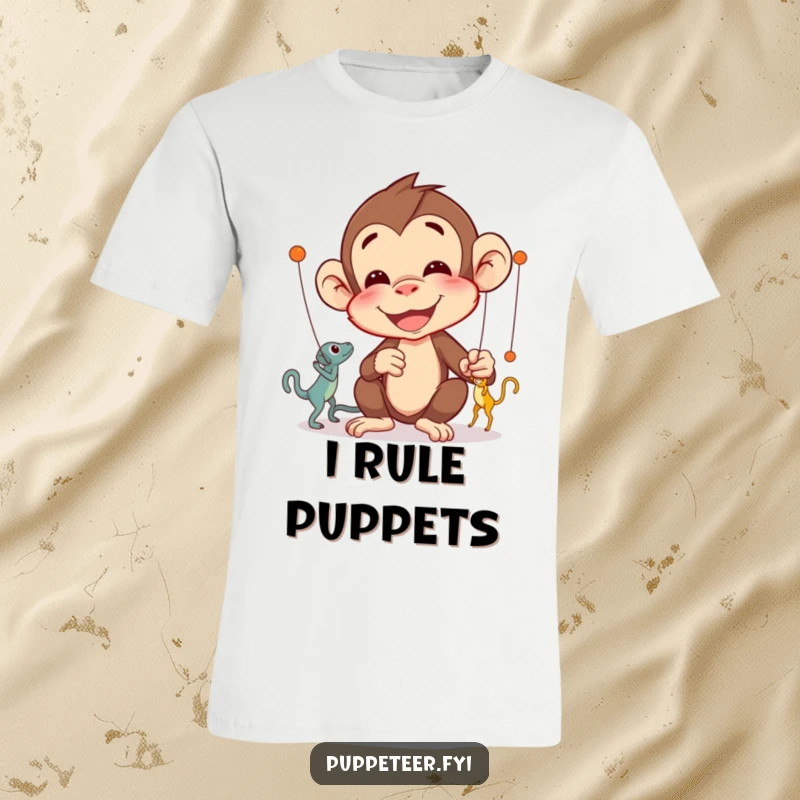 Funny Monkey Puppet Master T-Shirt with a delighted monkey concentrating on intricate puppet movements, a humorous gift.