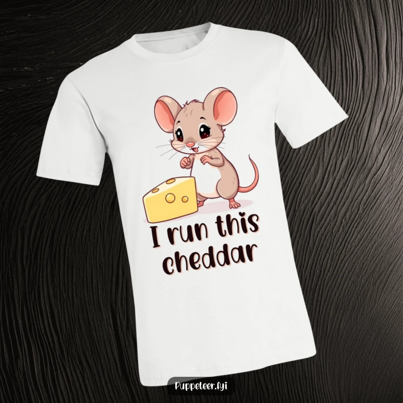 Funny Mouse T-Shirt illustrating a determined mouse expertly controlling a cheese-shaped puppet, showcasing focus and skill.