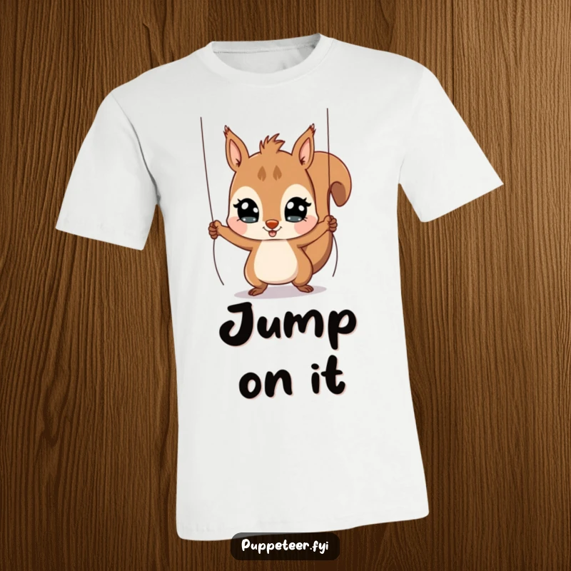 Funny Squirrel Puppet Master T-Shirt with a playful, wide-eyed squirrel pulling strings to make a puppet jump, a humorous gift.
