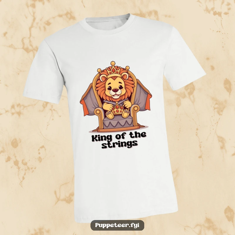 Funny t-shirt featuring a proud lion puppet master seated on a throne, directing a miniature crown puppet with majestic authority.
