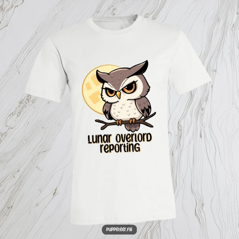Funny Owl T-Shirt showcasing a sly owl with a twinkling eye, expertly controlling a hovering moon in a magical display.