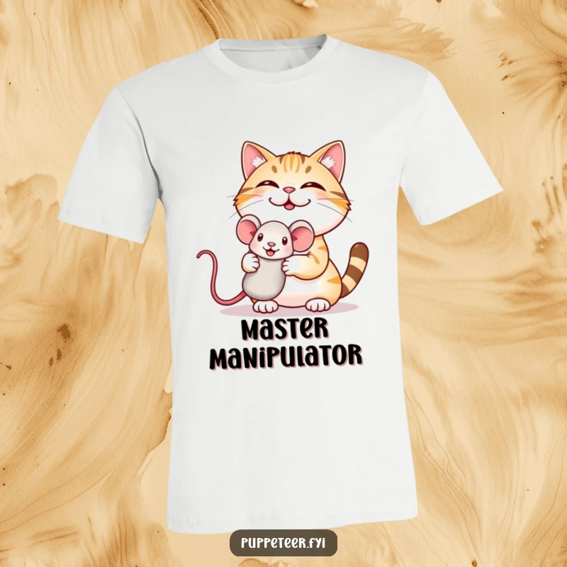 Funny t-shirt featuring a giggling cat showing off a bouncing mouse puppet, a comical depiction of cat antics.