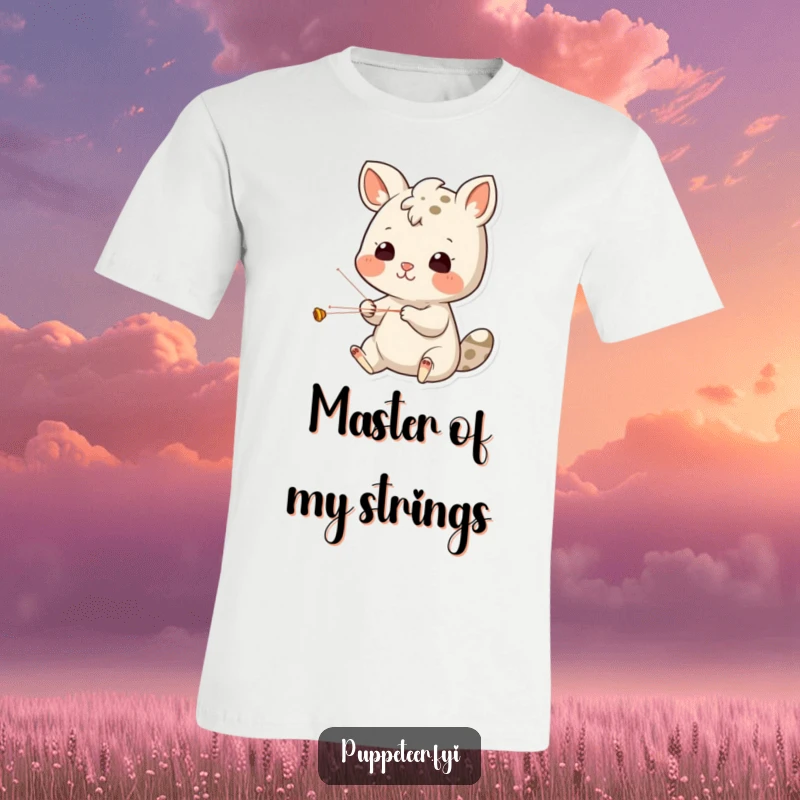 Funny T-Shirt: Cheerful animal character with determined eyes, focused on intricate string movements, ready for a puppet show performance.