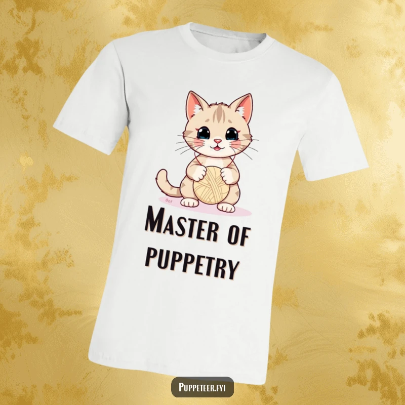 Funny Cat T-Shirt: Mischievous cat plays puppeteer with yarn ball and strings, demonstrating playful charm and comedic timing.