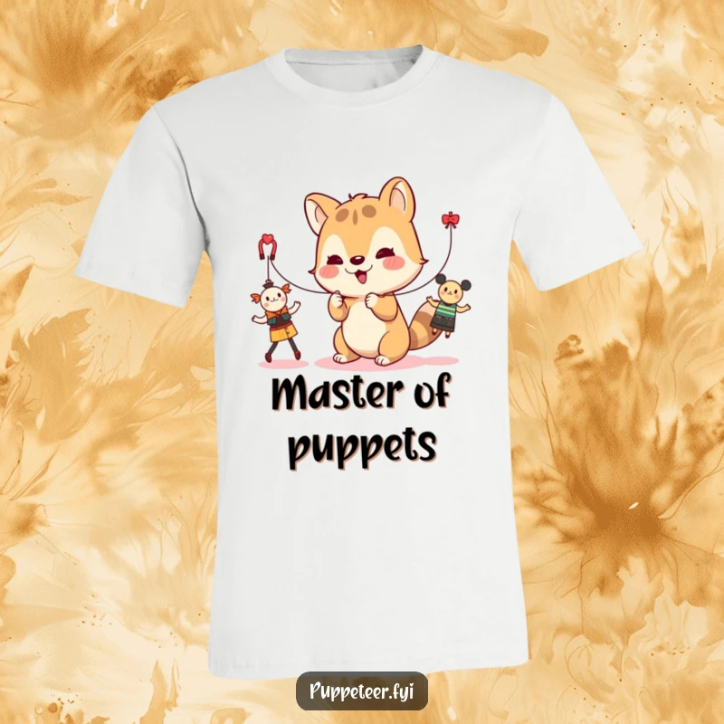 Funny t-shirt depicting a cute animal character expertly controlling strings attached to dancing toys, creating a whimsical puppet show.