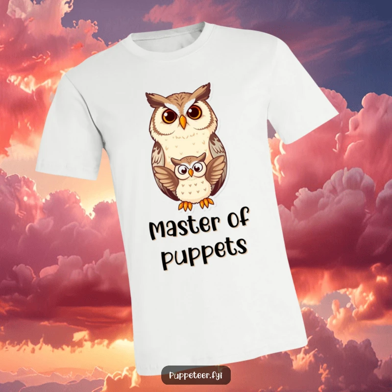 Funny owl t-shirt art of a wise, contented owl observing a small, flapping owl puppet, conveying a funny and heartwarming scene.