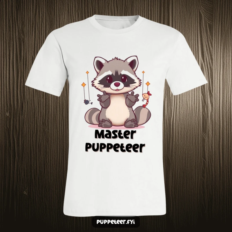Funny t-shirt with a kawaii raccoon using its dexterous paws to control multiple puppets with skill.