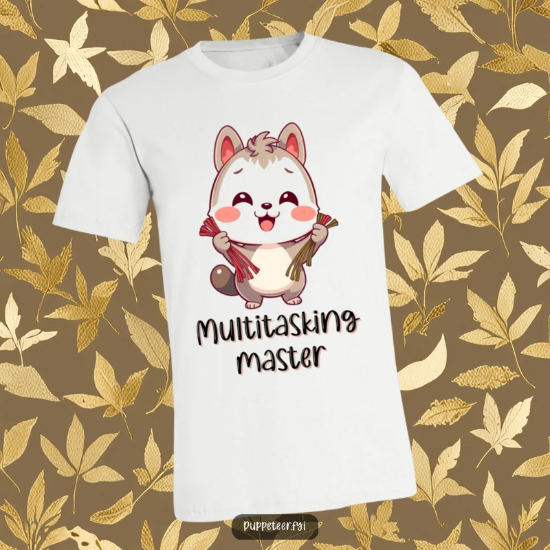 Funny t-shirt depicting a cheerful animal character skillfully holding many strings, symbolizing focus, organization, and happy multitasking.