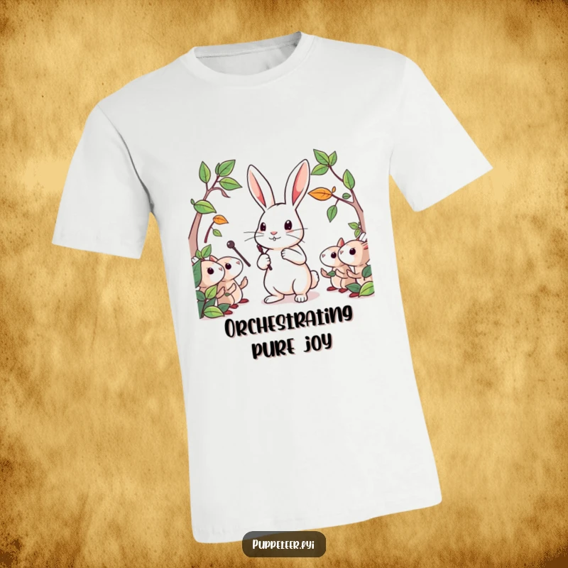 Funny t-shirt with a determined rabbit character directing a whimsical troupe of leaf puppets with a tiny baton, full of energy.