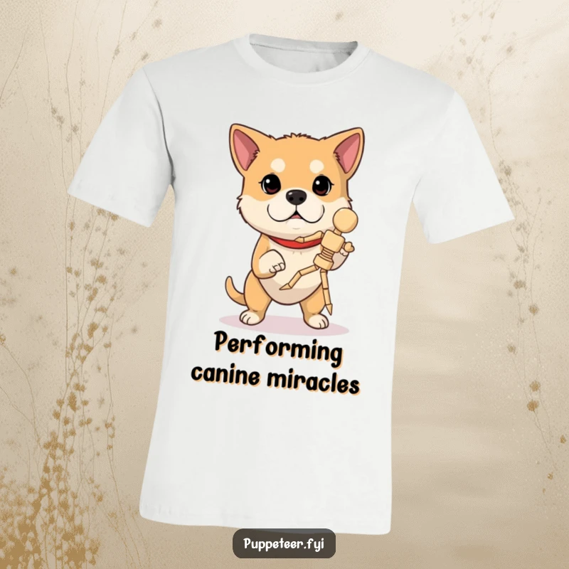 Funny dog t-shirt: a determined dog intensely focuses, maneuvering a wooden marionette through a jump with impressive skill.