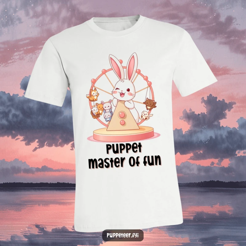 Funny t-shirt graphic of a joyful bunny controlling a Ferris wheel full of small animal puppets, capturing delightful chaos.
