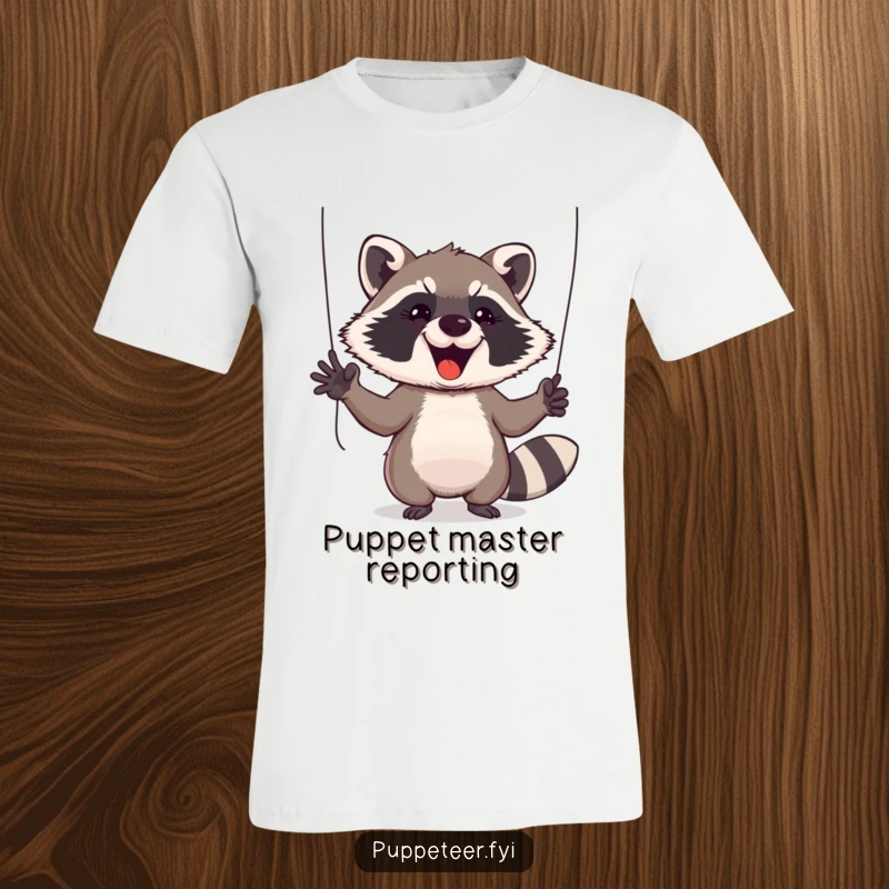 Funny Raccoon T-Shirt: Enthusiastic raccoon gestures wildly, controlling puppet strings with a mischievous and energetic display.