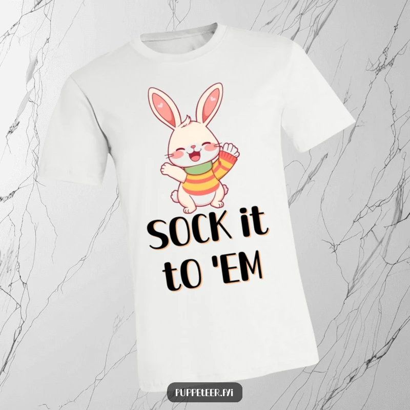 Funny T-Shirt featuring a happy, giggling rabbit making a sock puppet wave enthusiastically, embodying fun and delight.