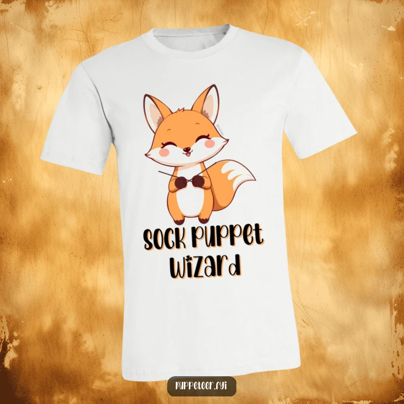 Funny t-shirt with a happy fox character skillfully manipulating strings to animate a sock puppet waving playfully.