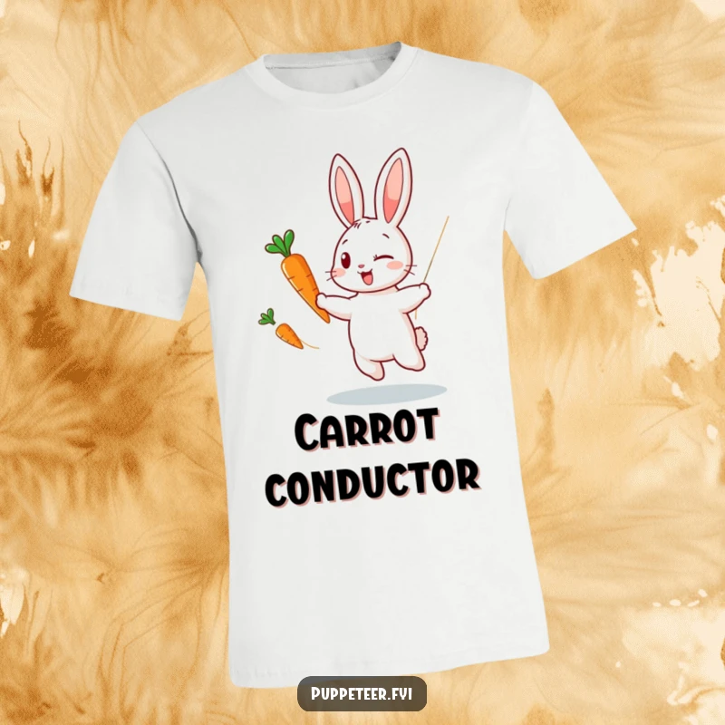 Funny t-shirt featuring a winking rabbit puppet master expertly controlling a carrot puppet with invisible strings, making it dance playfully.