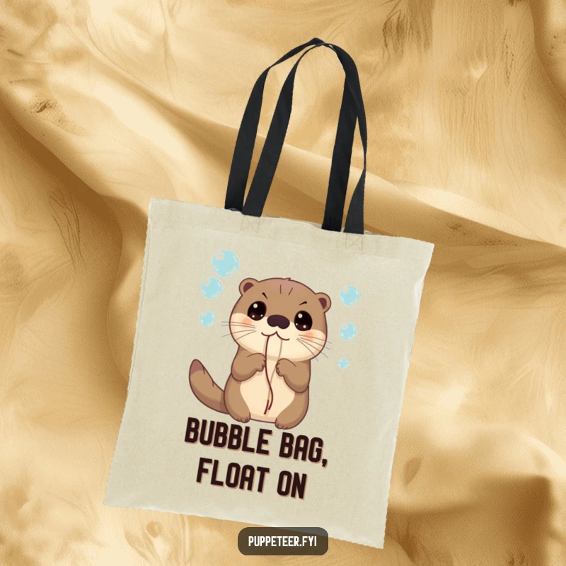 Funny tote bag featuring a curious otter with wide eyes, holding strings attached to colorful, floating bubbles, perfect for carrying essentials.