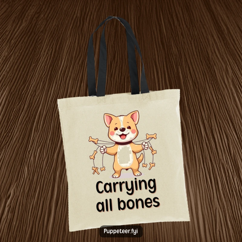 Funny proud dog tote bag with multiple strings controlling tiny bone-shaped puppets marching, a stylish carry-all for dog fans.