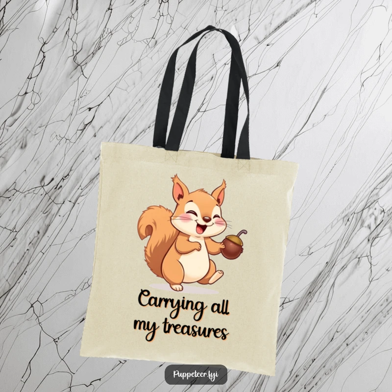 Funny squirrel tote bag with a giggling squirrel making a nut puppet hop, ideal for carrying items with playful charm.