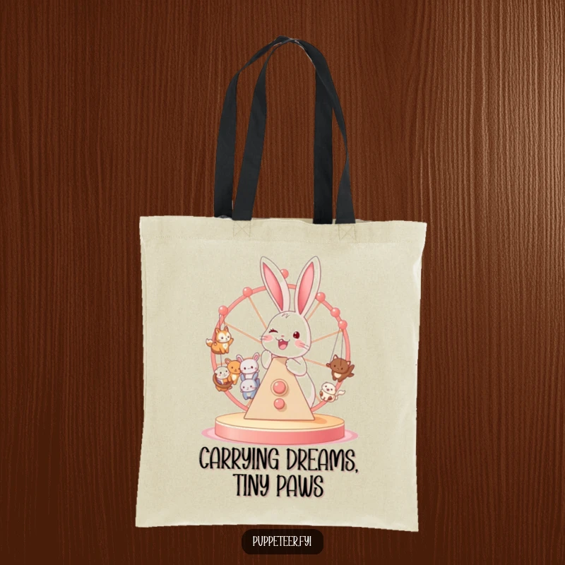Funny tote bag art of a joyful bunny operating a Ferris wheel filled with tiny animal puppets, emphasizing fun.