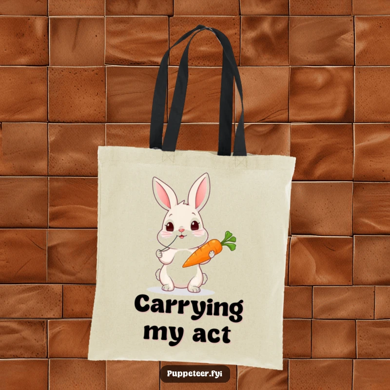 Funny rabbit tote bag where a curious rabbit tugs strings, making a carrot puppet wiggle with charming animation.
