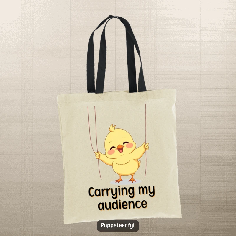 Funny chick tote bag with a giggling chick enthusiastically wiggling puppet strings for a small, delighted audience, showcasing performance art.