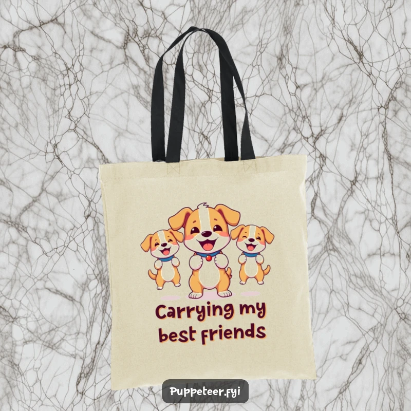 Funny tote bag showing a bouncy dog joyfully controlling energetic dog puppets, perfect for carrying essentials.
