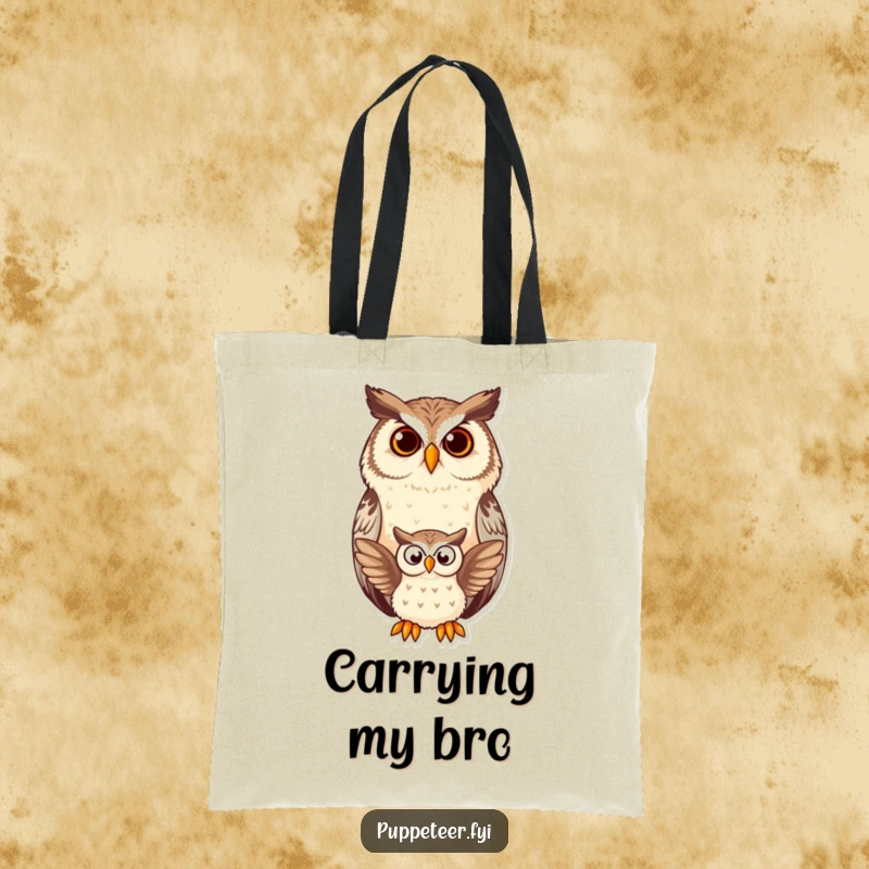 Funny owl tote bag showing a wise owl presiding over a small, flapping owl puppet, perfect for carrying humor and essentials.