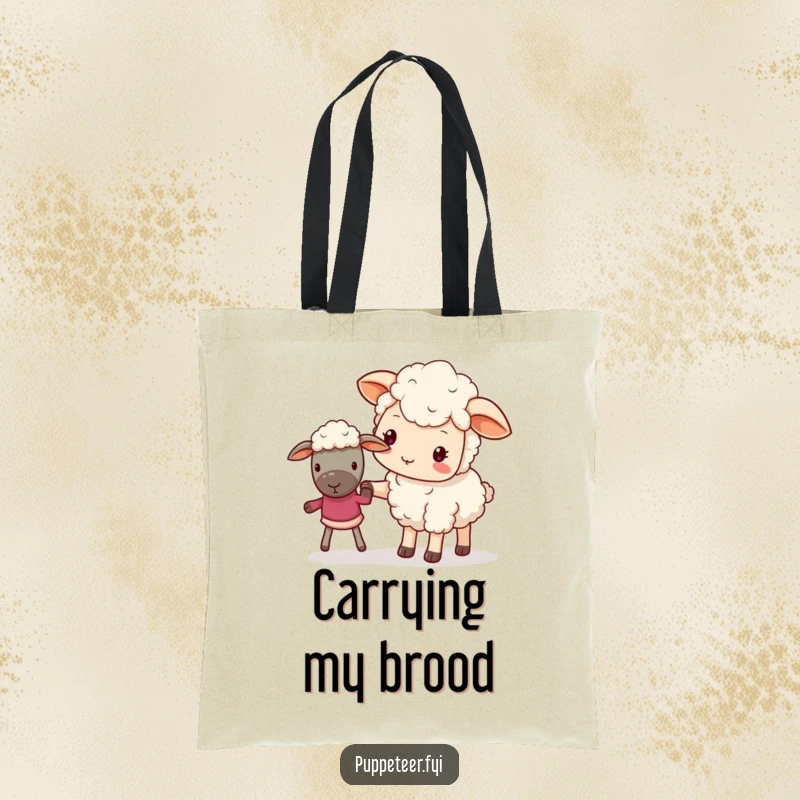 Funny tote bag with a kawaii sheep gently guiding a puppet, ideal for carrying items with a message of care.